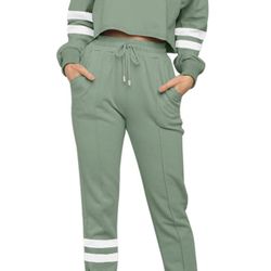 Women's Striped 2 Piece Pajama Set Long Sleeve Crop Top and Jogger Pant Loungewear Athletic Tracksuit Pjs Set Green 