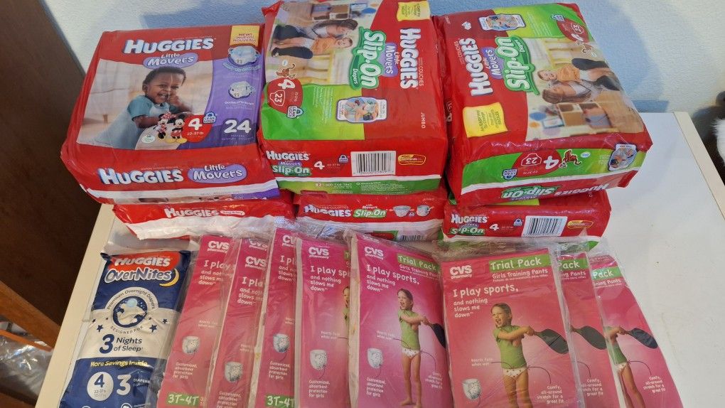 Huggies Slip-ons, diapers and pull up training pants. Size 4 and 3T-4T