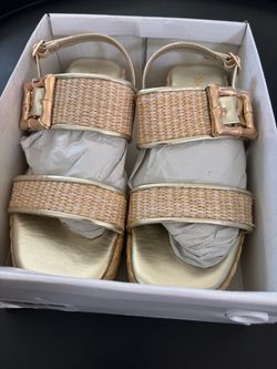 Shoe'N' Tale Beige/Gold Wedge Sandals Ankle Strap Buckle Women