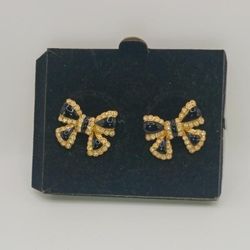 Vintage Joan Rivers Bow Earrings, holdtone, black enamel and Rhinestones