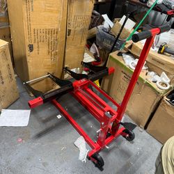 300lb Capacity, Adjustable Riding Lift Jack Heavy Duty Construction with Safety Lock, Non-Slip Wheels&Handle for Tractors, Atvs and Zero Turn Lawn Mow