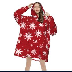 Red Christmas Prints Wearable Blanket Hoodie Cozy Oversized Flannel Sweatshirt For Adults, Men, Women, Warm And Fuzzy Hooded Blanket