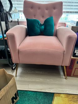 Pair of Blush Pink Velvet Accent Chairs + Pillows – $300