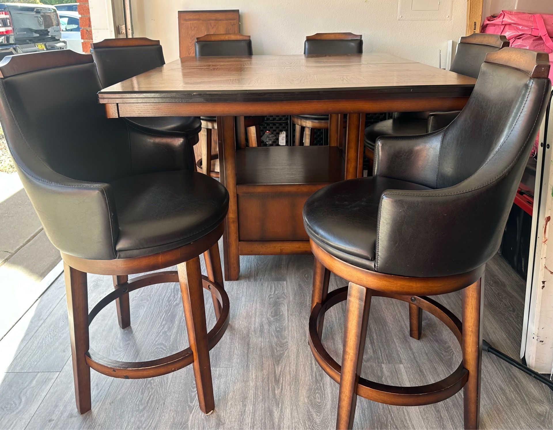 8pc Solid Wood Counter Height Table With Shelf and Storage