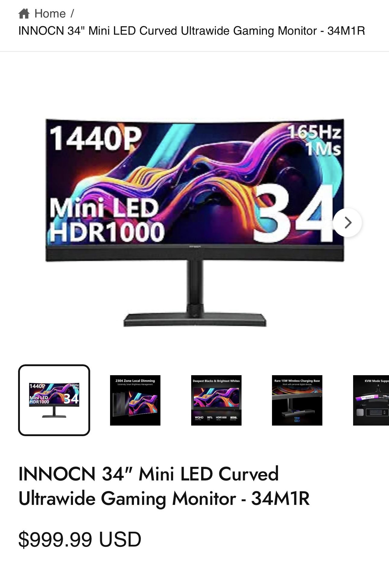 NEW INNOCN 34” ULTRAWIDE Gaming Monitor. Mini LED Technology. 4K (3440 X 1440) 165Hz Frec /1ms Response. 2.1 Channel Built In Sound. Wireless Charger.