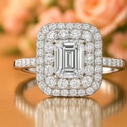 💍 Emerald Cut Moissanite Engagement Ring – White Gold Over Silver