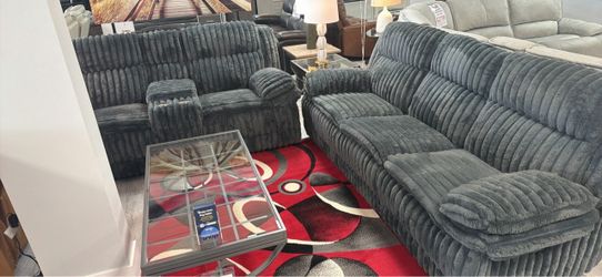 Gray Textured Fabric Reclining Sofa and Loveseat Set
