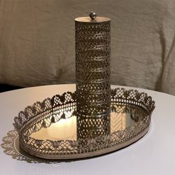 2 Pc Set Vintage Florentine Gold Metal Filigree Mirror Tray / Hairspray Cover
