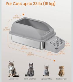 Feandrea Stainless Steel Cat Litter Box w/ Open Top High Sided Litter Tray w/ Step - Gray