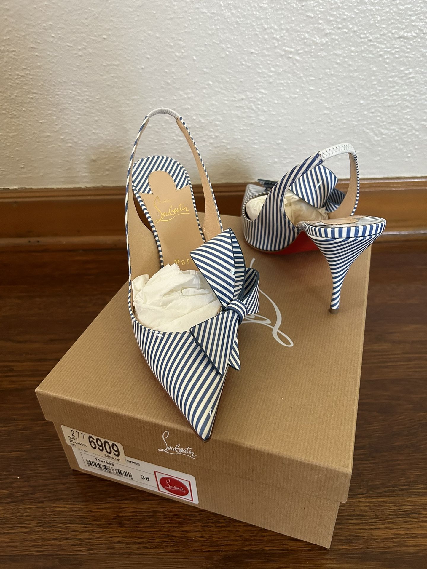 Christian Louboutin Clare Nodo Patent Stripes Bow Nautical Slingback Heels
