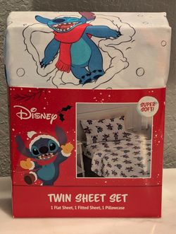 New Disney STITCH Santa Christmas Twin Sheet Set