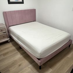 Full/Queen bedframe, 2-drawer nightstand, & mattress 