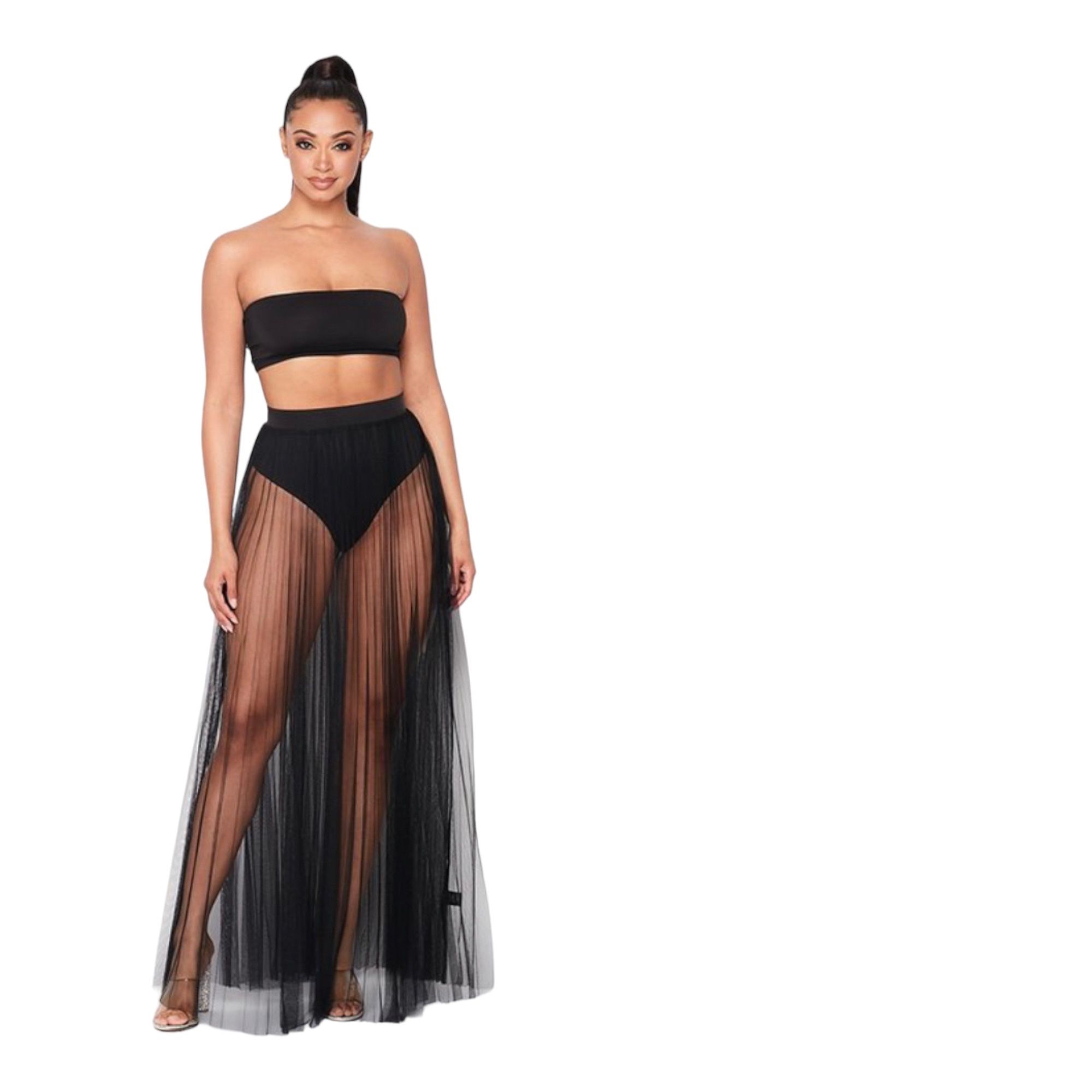 PLEATED SHEER TULE SKIRT- BLACK