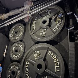 Very nice looking Brand new 45, 35 lb, and 25 lb Olympic weight plates.  Very nice brand new Olympic barbells 6 Ft and 5 Ft. or standard barbell 6 ft
