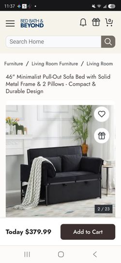 New in Box 46" Black Pull Out Sleeper Sofa Bed. Solid Metal Frame & 2 Pillows