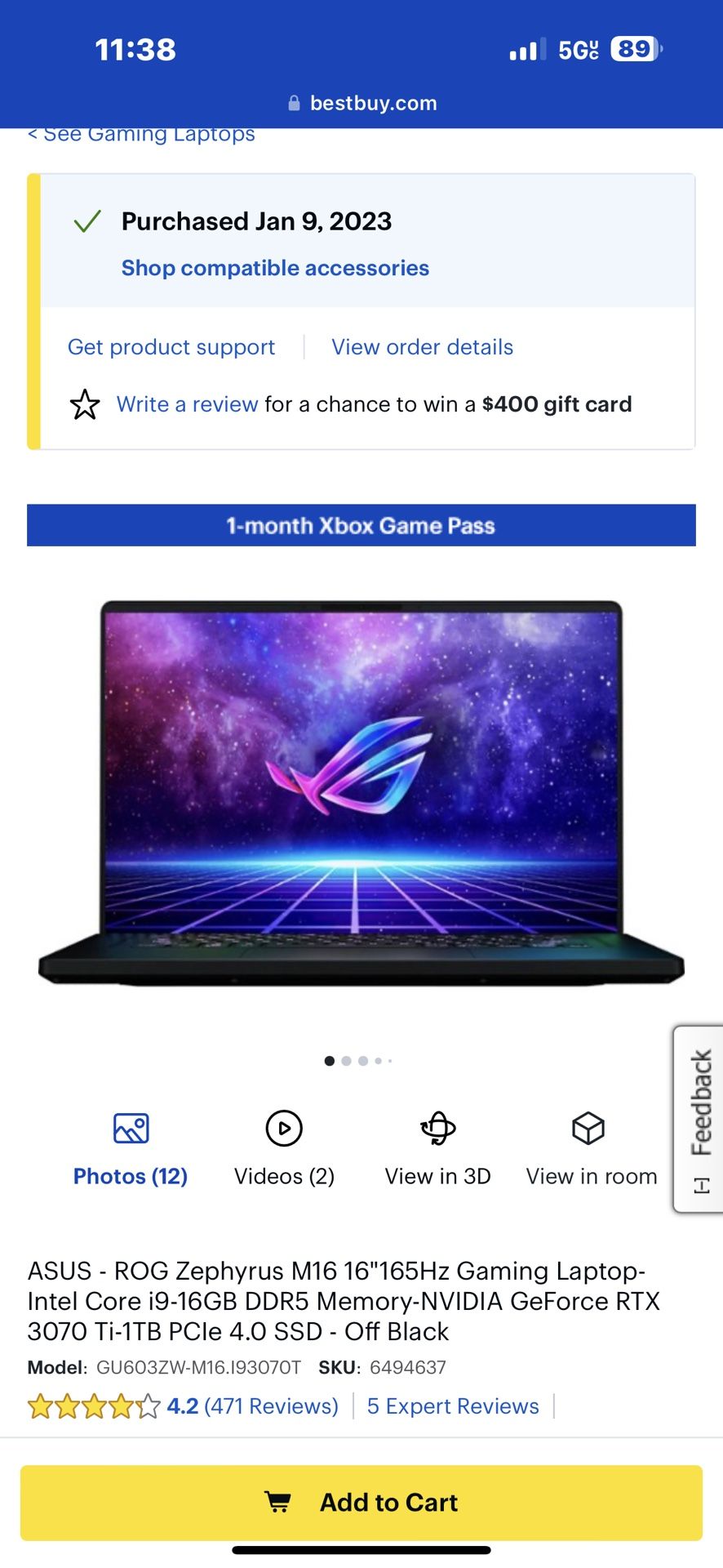 Lightly Used Asus Rog Zephyrus M16 i19 RTX 3070 Ti