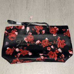 Victoria's Secret Large Tote Handbag Purse Black Floral Red Roses BAG NWT