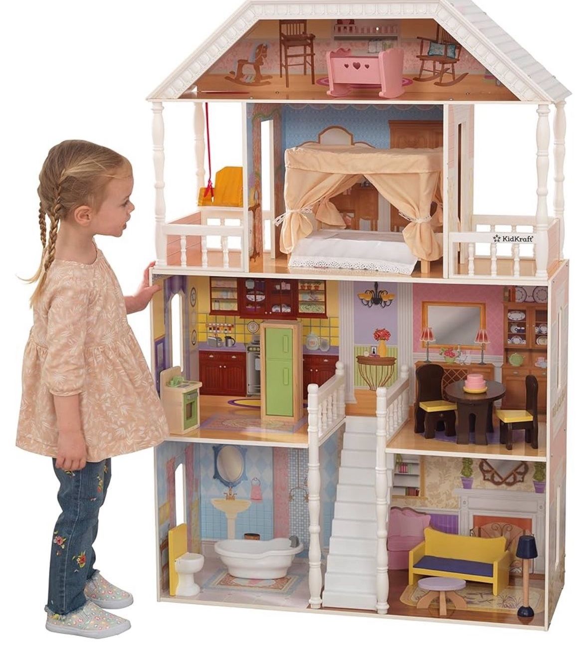 Wooden Dollhouse With Porch Swing & 14 Accessories