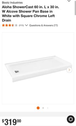 Bootz Industries Aloha ShowerCast 60 in. L x 30 in. W Alcove Shower Pan Base in White with Square Chrome Left Drain