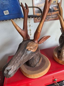 Hand-Carved Wooden Deer Head Sculpture