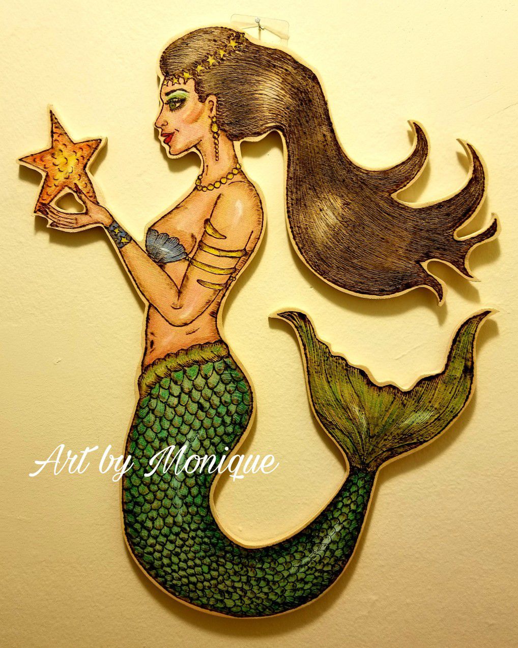 18 inch MERMAID PYROGRAPHY WOODBURNING COLORED WOODEN ART