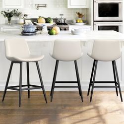 24 inch Counter Stool, Modern Bucket Barstool Set of 3. White
