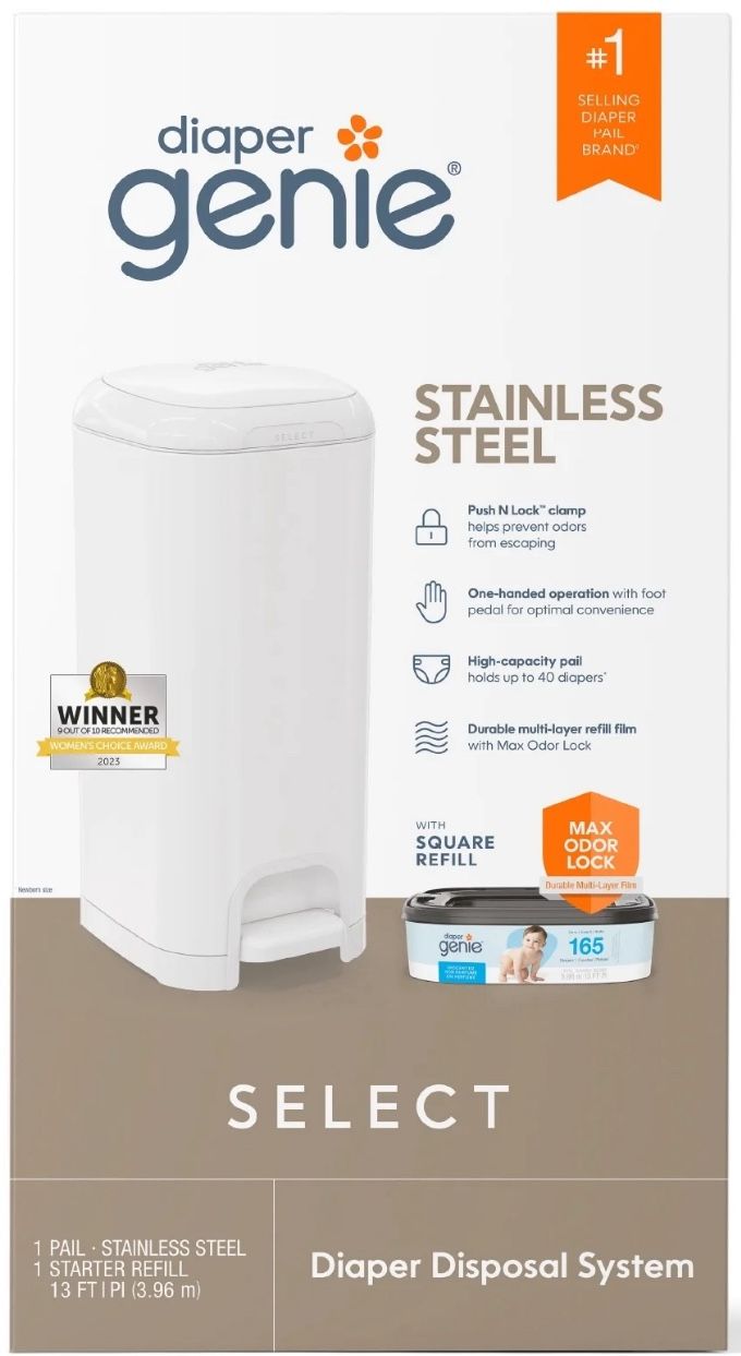 Diaper Genie Select Pail,White,Stainless Steel, 1 Diaper Pail,1 Square Refill-165 Ct, Infant