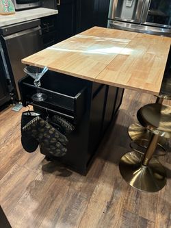 Rolling Kitchen Island with Butcher Block Drop-Leaf Top