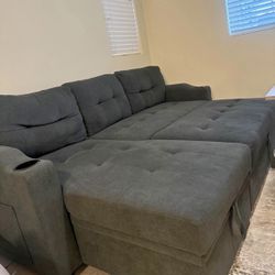 *Free Delivery* Gray Sectional Sleeper Sofa Storage Pullout Bed Couch