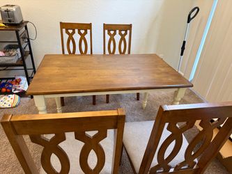 Moving Sale! Wooden Dining Table + 3 Upholstered Chairs – $50 | Must Go Today!