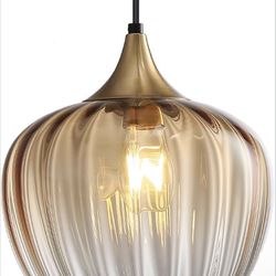 New 9” W Amber Glass Pendant Light Vintage Hanging Lamp Ceiling Fixture Brushed Gold Adjustable