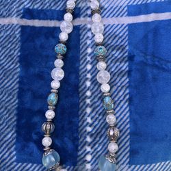 White, Blue, and Silver Beaded Necklace 