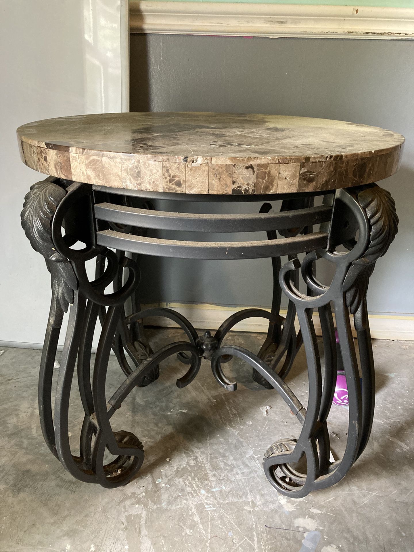 Wrought Iron Scroll Base Marble Tile Top End Table Night Stand