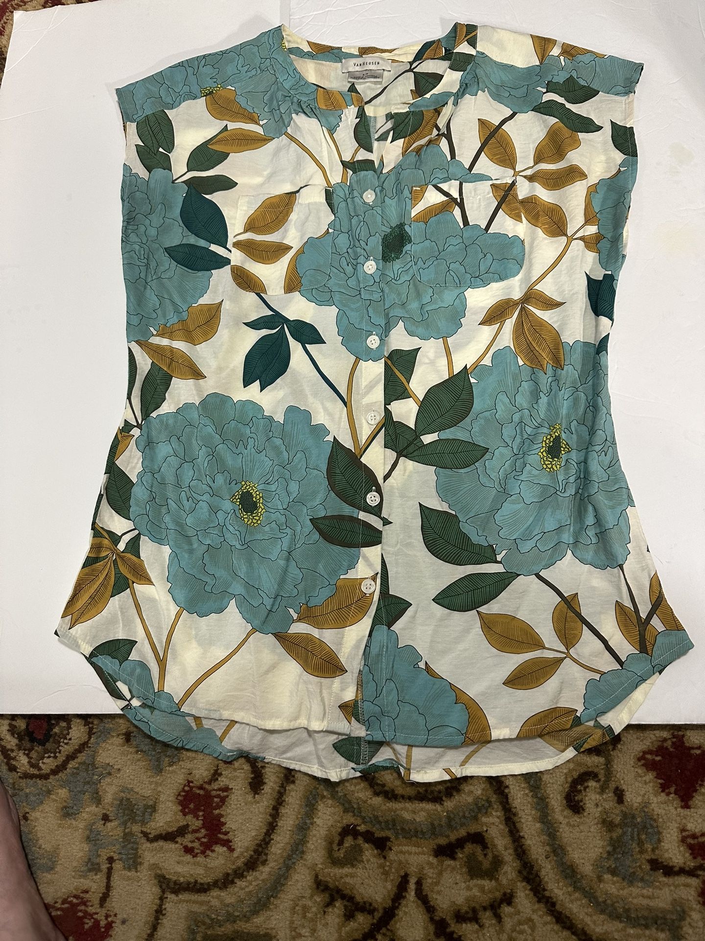Van Heusen Top Button Up Blouse Teal Flowers Leafs Size S Petite Good Condition