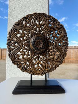 World Market Carved Wood Mandala Medallion on Stand