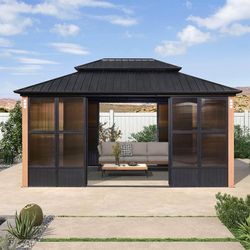 New PURPLE LEAF Sunroom Hardtop Gazebo Solarium Wood Grain Galvanized Steel Double Roof All-Weather Aluminum Outdoor Screen House  New in box 12‘X16' 