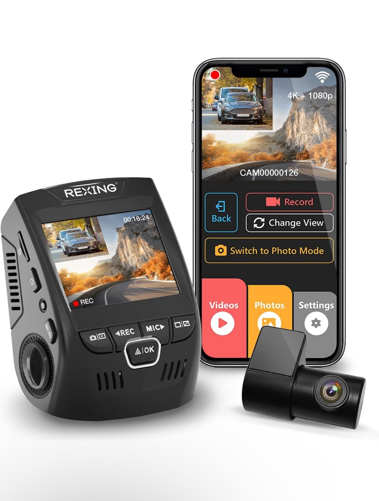 Dashboard Camera Rexing V1P 4K Dual Channel Dash Cam 4K+1080p with - Main Image