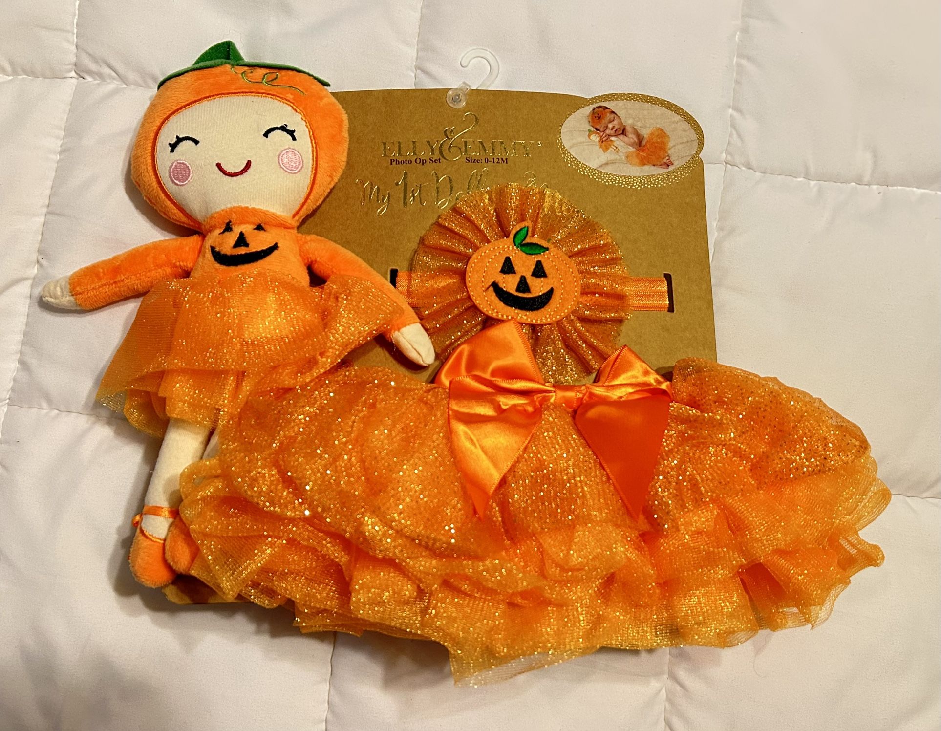 Pumpkin Headband/Tutu/Doll by Elly & Emmy “My First Doll & Me” size 0-12months
