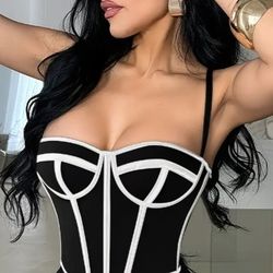WOMEN'S FASHION BLACK AND WHITE COLOR BLOCK TIER-BACK ELASTIC BODYSUIT/ CROP TOP ( SIZE XLARGE )