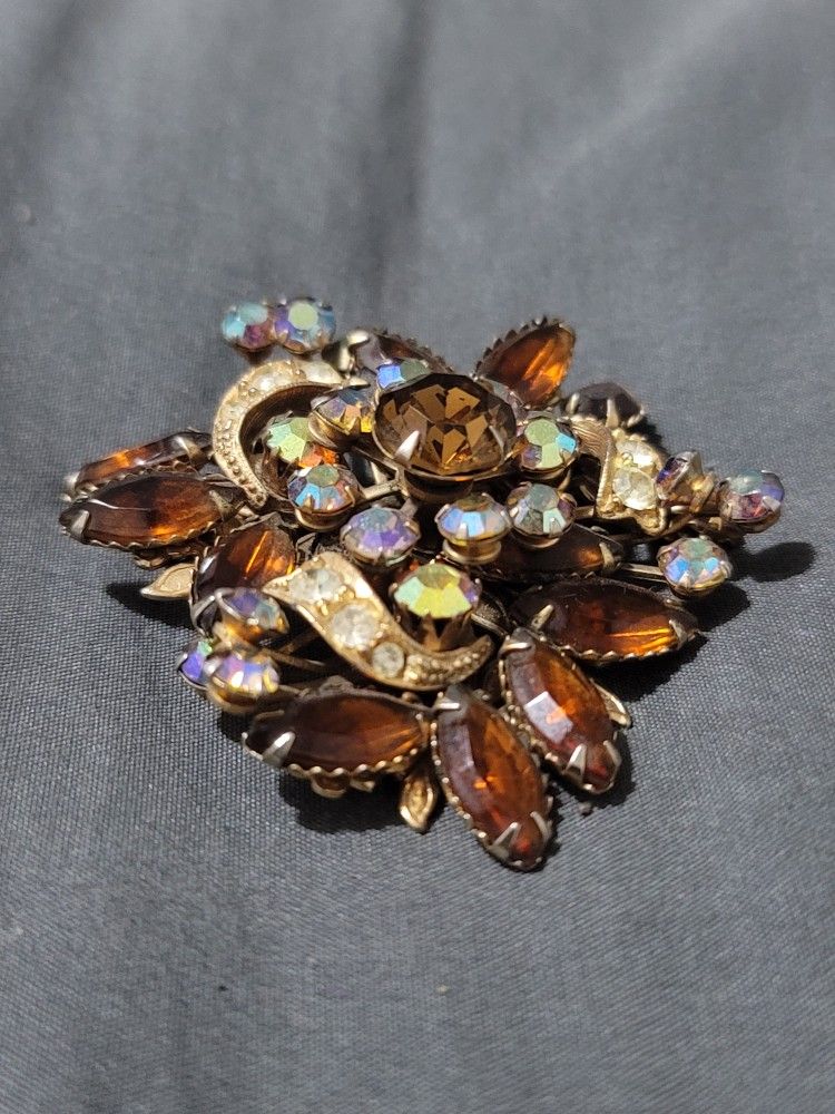 Vtg Aurora Borealis Amber Rhinestone Brooch Pin