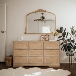 9 Drawer Dresser for Bedroom, Rattan Chest of Drawers, Modern Wood Dresser Chest with Golden Handles, 55” Wide Large Storage Long Dressers Organizer f