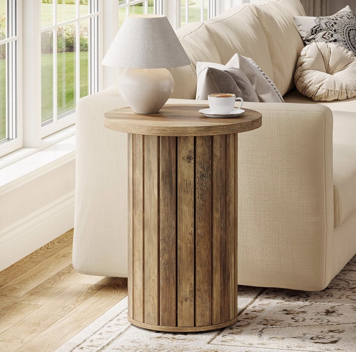 Round Fluted End Tab le, Small Wood Couch Side Tabl e for Living Room, Farmhouse Wooden Bedside Night stand for Bedroom, Small Space, Rustic Brown