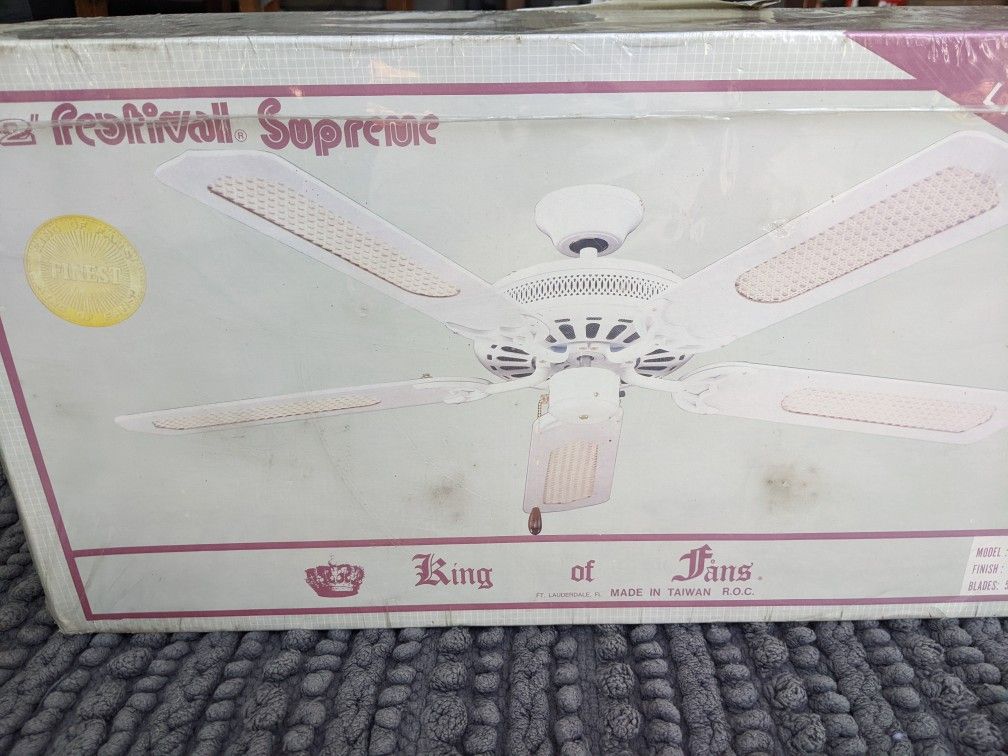 Ceiling Fan, New In Box - King of Fans "Festival PSupreme" 52-inches, 5-Blades, White with Partly Wicker Blades