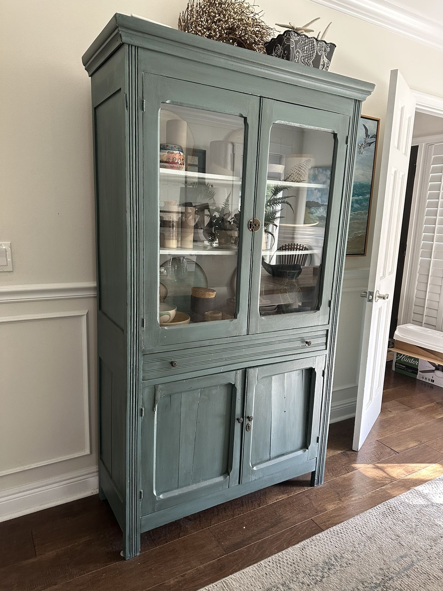 Vintage French Country Glass-Front Hutch / Sage Green Cabinet