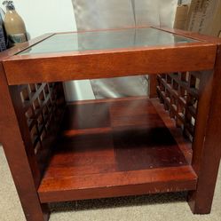 Wooden Glass-Top End Table with Storage Shelf