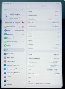 APPLE, MODEL NQ6J3LL/A, IPAD A2757, 10TH GEN, SILVER, 64 GB, CELLULAR