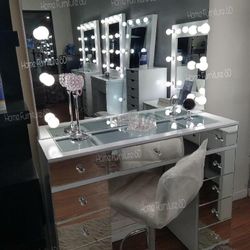 Vanity Dresser White Wood Hollywood Mirror Lights Makeup🤩NEW