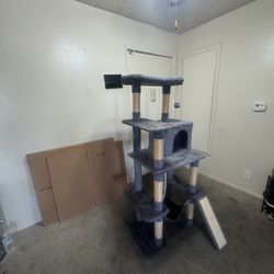 Dark Grey Three-Tier Cat Tree with Cat Scratching Post Attachment