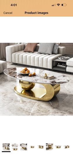 SOFTSEA Oval Shaped Coffee Table with Gold Stainless Steel Base, Modern Center Table with Faux Marble Tabletop, 49.2" Cocktail Table for Living Room O