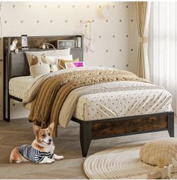 Twin Size Bed Frame and Headboard with Charging Station, Twin Bed Frame with Storage, Heavy Duty Steel Support, No Box Spring Needed, Squeak Resistant